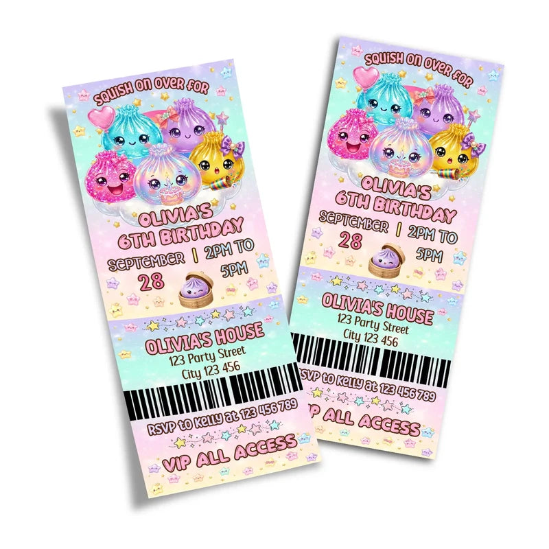 Glitter Dumpling birthday ticket invitations showing a vibrant event pass style layout with bold typography
