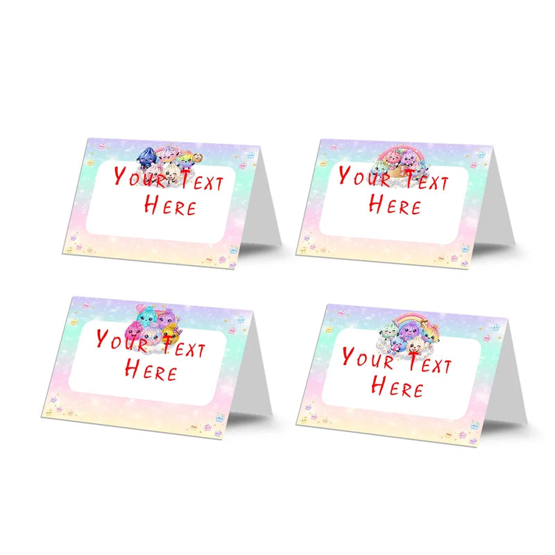 Glitter Dumpling food cards showing a collection of vibrant buffet labels arranged on a decorated treat t