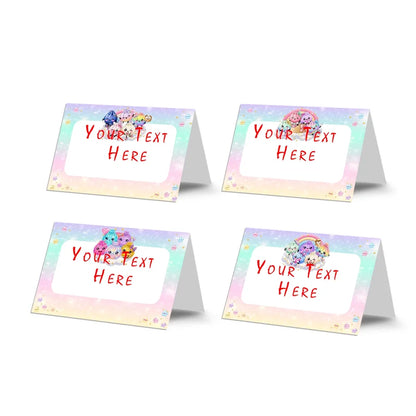 Glitter Dumpling food cards showing a collection of vibrant buffet labels arranged on a decorated treat t