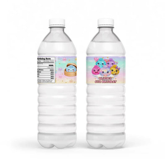 Glitter Dumpling water bottle label wrap showing a colorful party theme layout on a clear plastic bottle