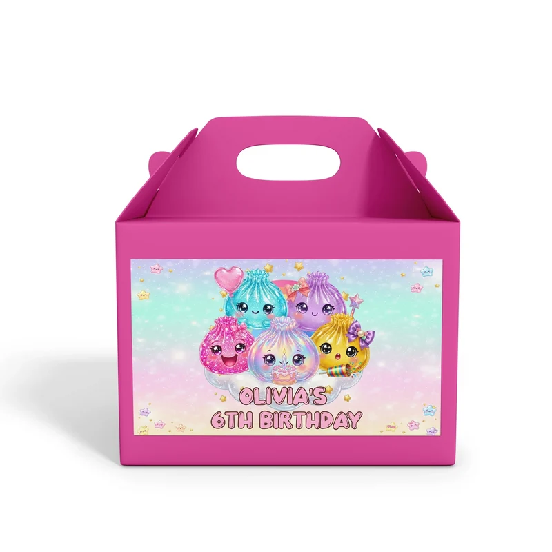 Glitter Dumpling treat box label showing a colorful custom design layout on a mini favor box container