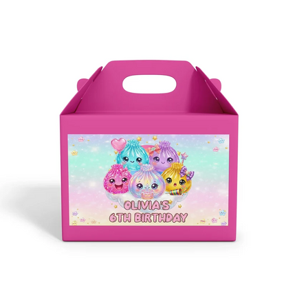 Glitter Dumpling treat box label showing a colorful custom design layout on a mini favor box container