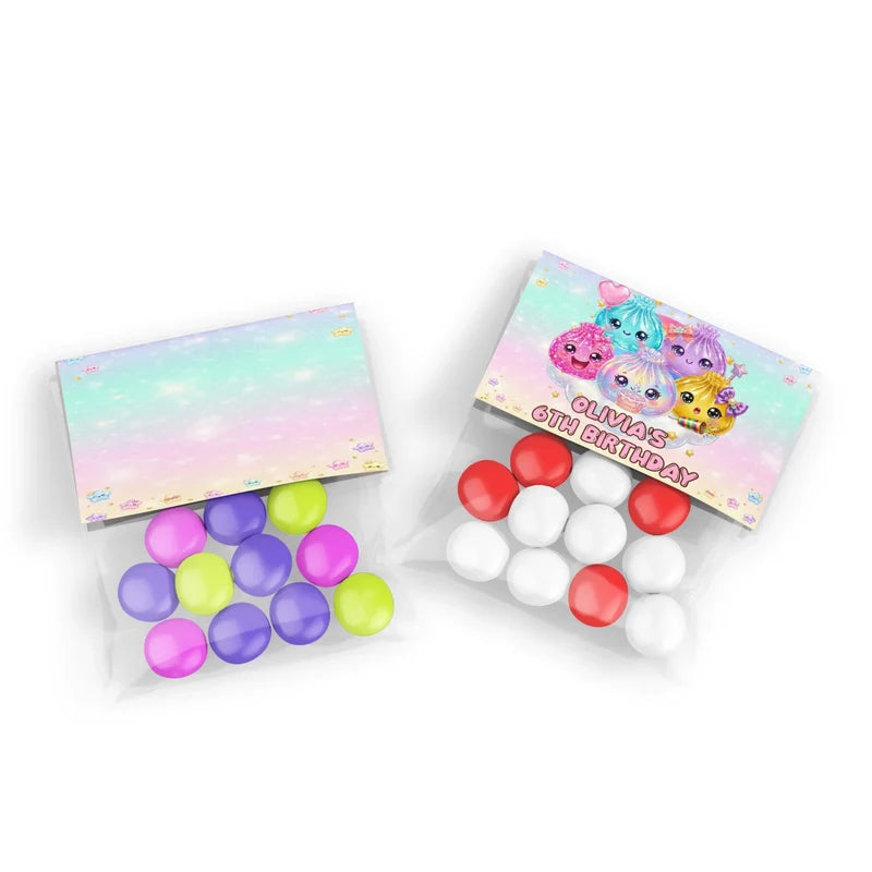 Glitter Dumpling treat bag topper label showing a colorful folded paper design sealing a clear candy pouch