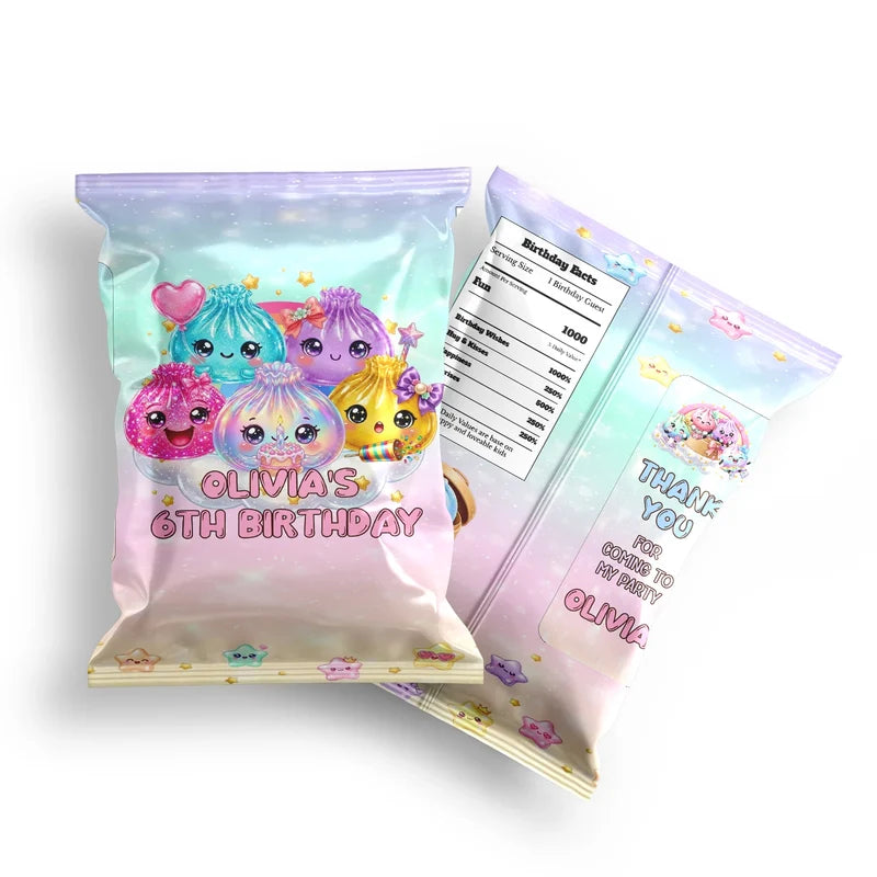 Glitter Dumpling chips bag label mockup displaying a vibrant custom snack bag layout on a clean background