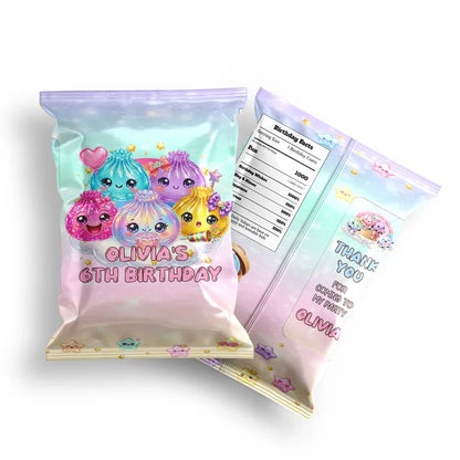 Glitter Dumpling chips bag label mockup displaying a vibrant custom snack bag layout on a clean background