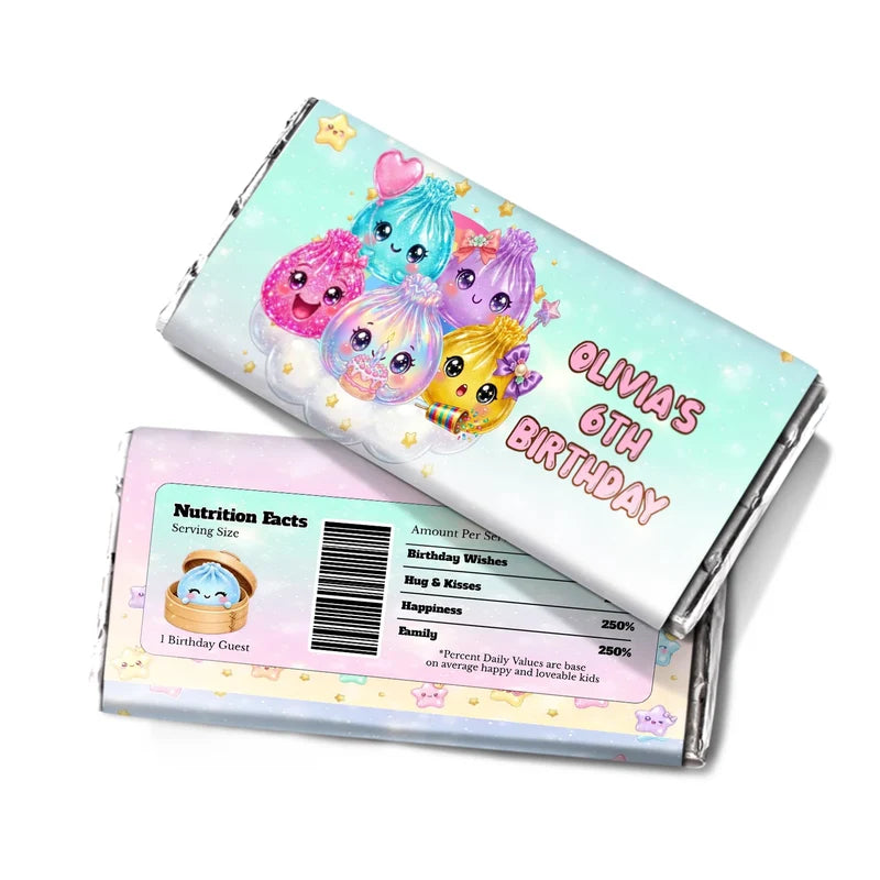 Glitter Dumpling chocolate label wrap featuring a colorful candy bar packaging layout against a white surface