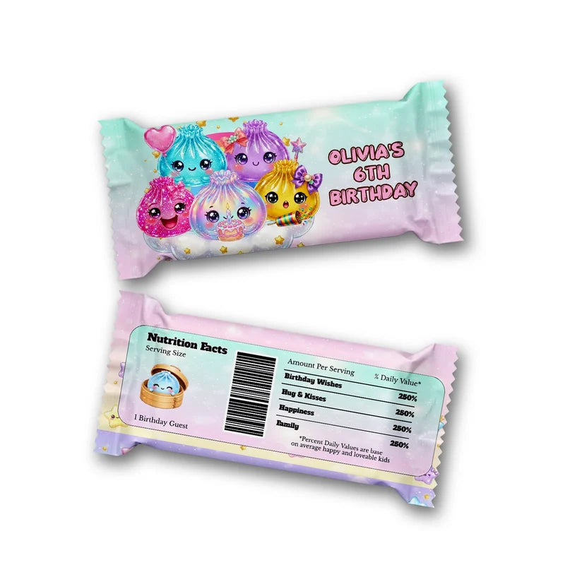 Glitter Dumpling Rice Krispies treats and candy bar labels shown together in a vibrant party snack display