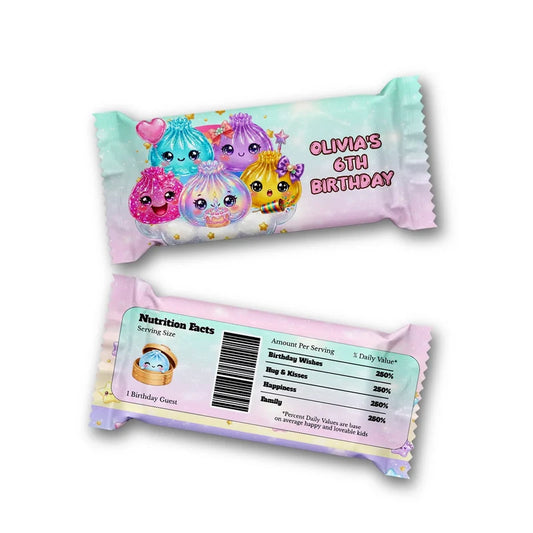 Glitter Dumpling Rice Krispies treats and candy bar labels shown together in a vibrant party snack display