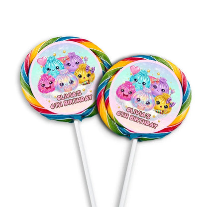 Glitter Dumpling lollipop label mockup featuring a colorful round sticker design attached to a clear wrapper