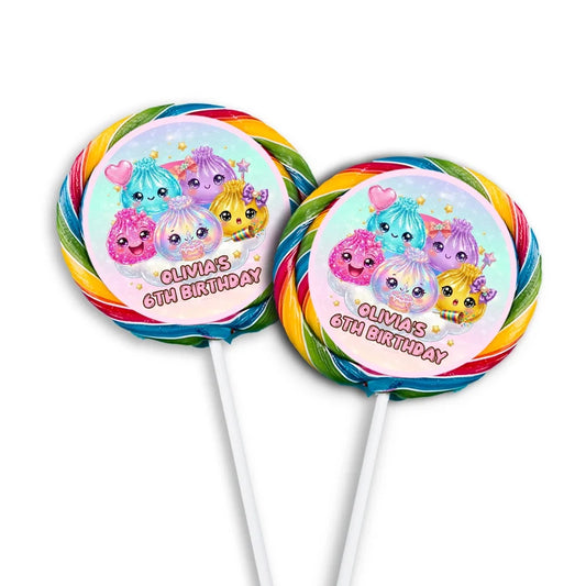 Glitter Dumpling lollipop label mockup featuring a colorful round sticker design attached to a clear wrapper