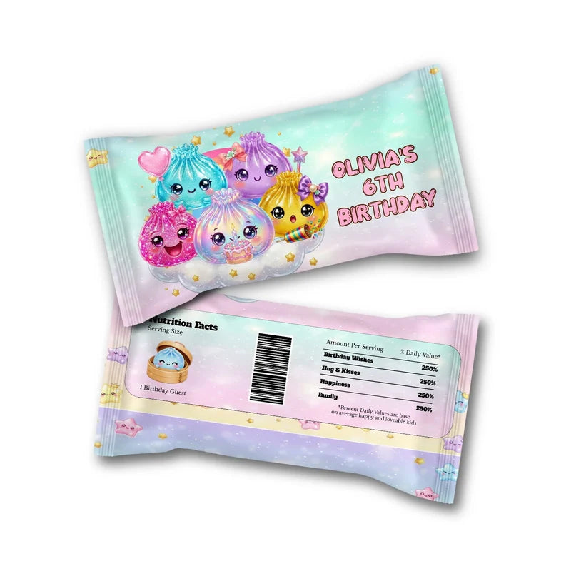 Glitter Dumpling M&M Chocolate label wrap showing a vibrant candy packaging layout displayed on a neat ttop