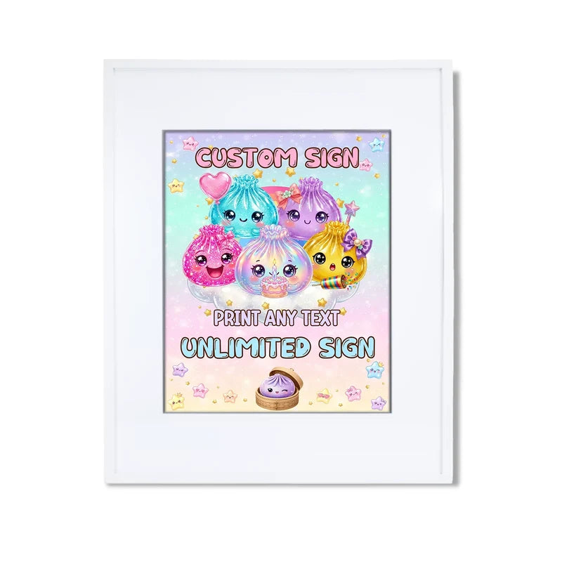 Glitter Dumpling custom sign template featuring a colorful party layout inside a modern white picture frame