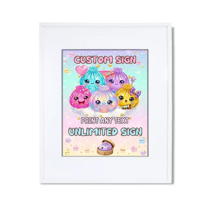 Glitter Dumpling custom sign template featuring a colorful party layout inside a modern white picture frame