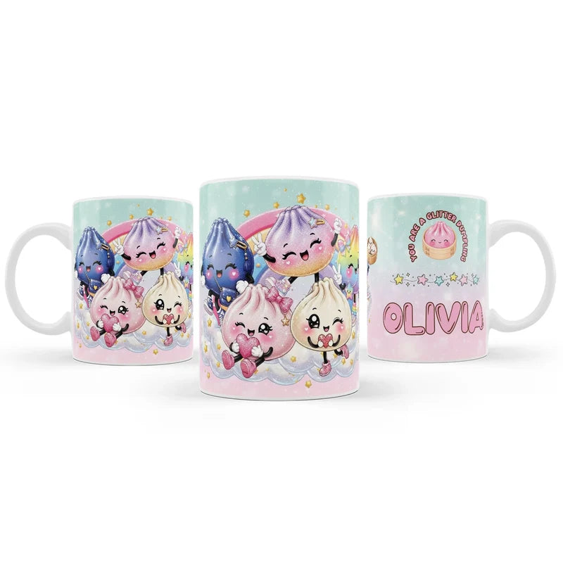 Glitter Dumpling sublimation mug design featuring a vibrant graphic layout wrapped around a white ceramic mug