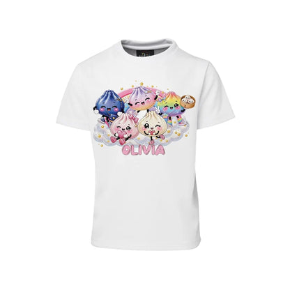 Glitter Dumpling sublimation T-shirt mockup showing a colorful graphic layouted on a white cotton shirt