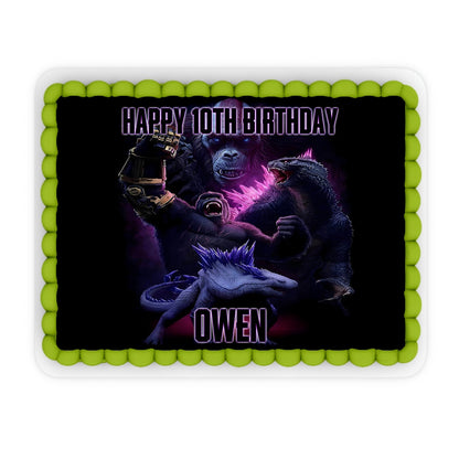 Rectangle personalized edible sheet cake images with Godzilla vs Kong design