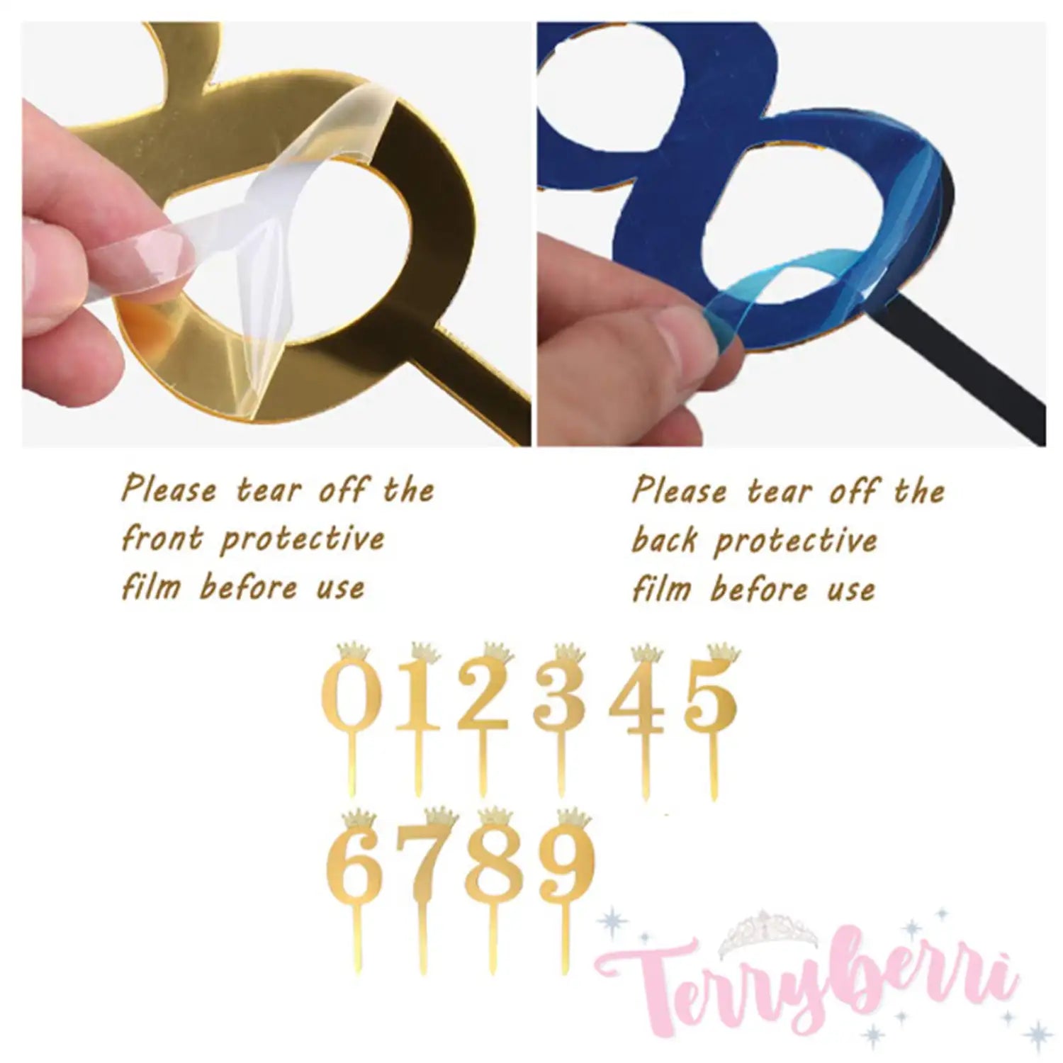 Set of mirrored gold acrylic cupcake toppers featuring numbers 0 through 9 in a modern font.
