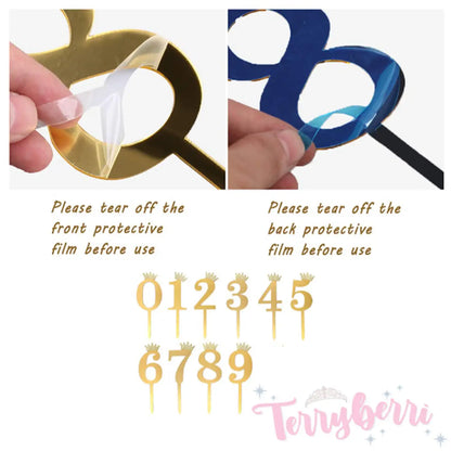 Set of mirrored gold acrylic cupcake toppers featuring numbers 0 through 9 in a modern font.