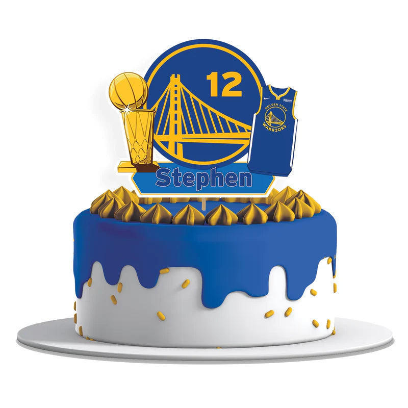 Golden State Warriors cake toppers with bold Warriors logo on cardstock and basketball theme