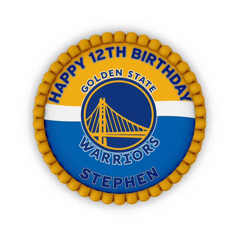Golden State Warriors edible icing cake images round with blue and yellow team theme design