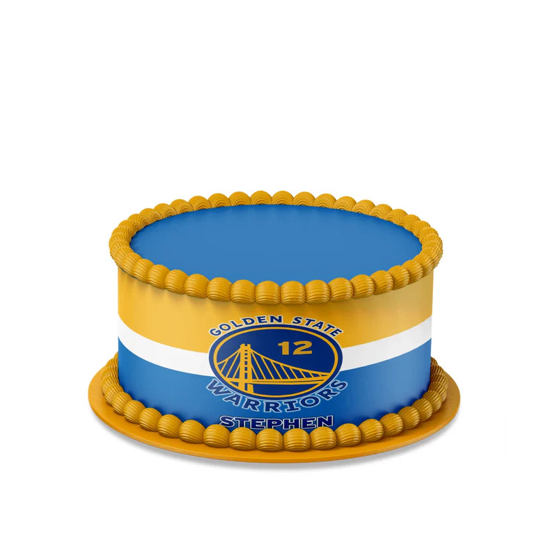 Golden State Warriors edible cake strips with team colors and logo on white background