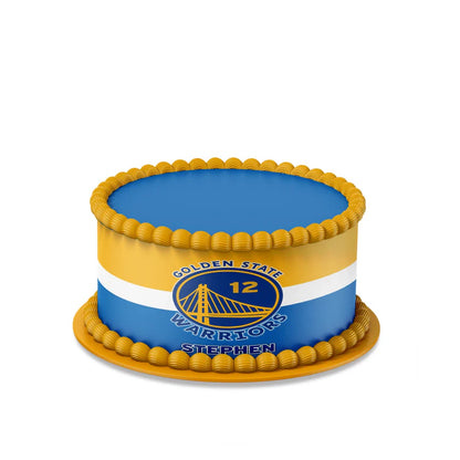 Golden State Warriors edible cake strips with team colors and logo on white background