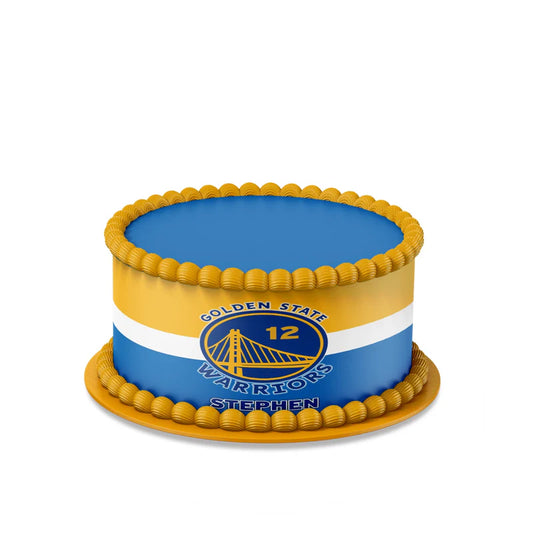 Golden State Warriors edible cake strips with team colors and logo on white background