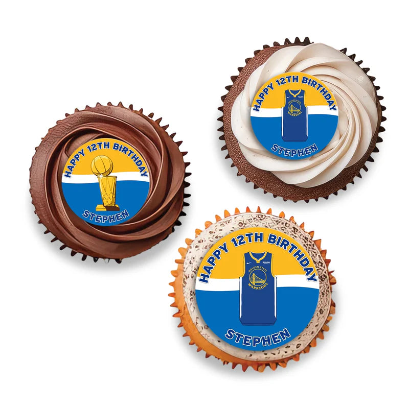 Golden State Warriors cupcakes toppers circular cutouts with basketball and Warriors colors