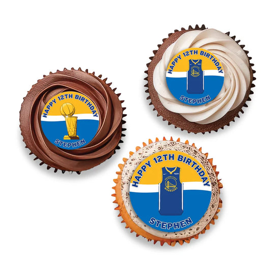Golden State Warriors cupcakes toppers circular cutouts with basketball and Warriors colors