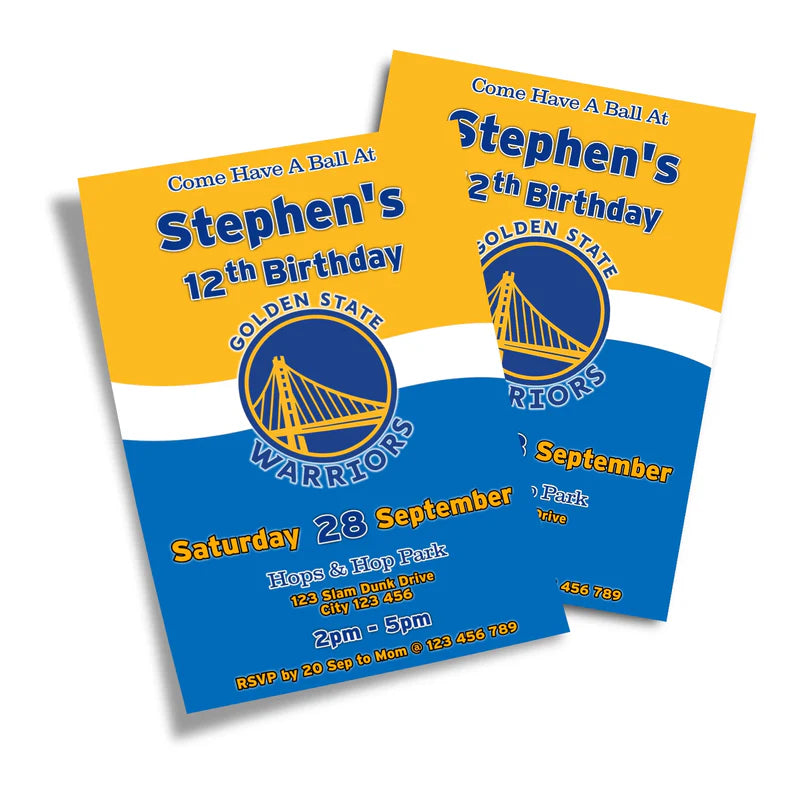 Golden State Warriors birthday card invitations with basketball graphic and team color scheme