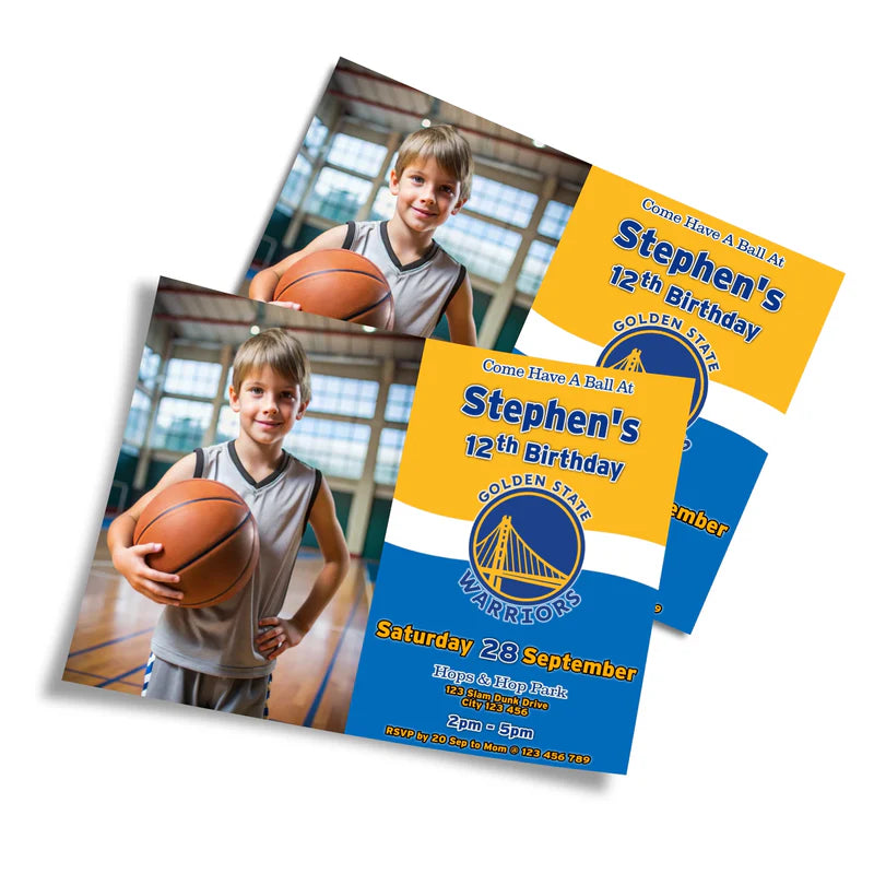 Golden State Warriors photo card invitations with personalized name and team background