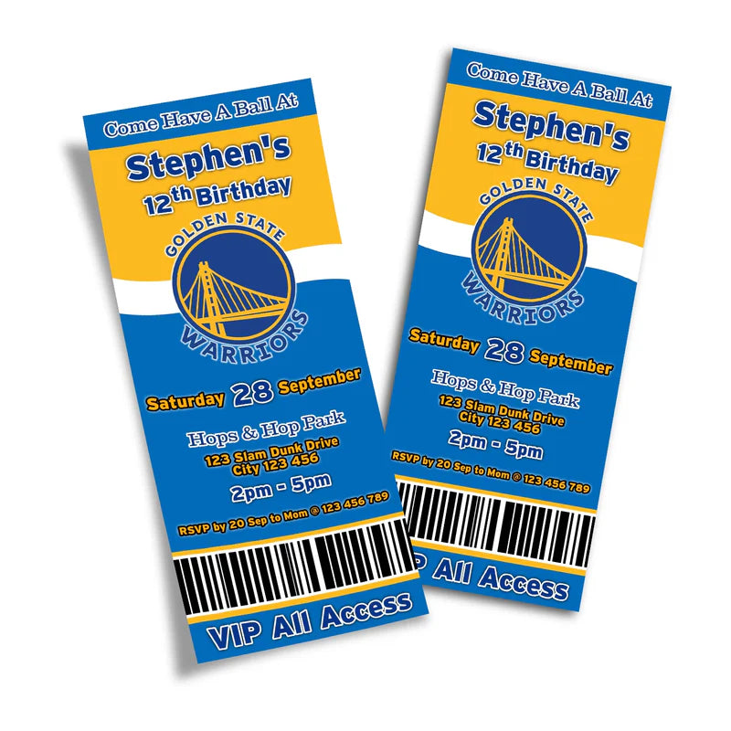 Golden State Warriors birthday ticket invitations in sports-style layout with blue and gold