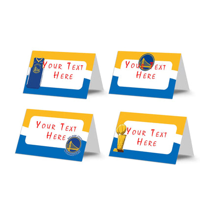 Golden State Warriors food cards tent fold format in blue with editable name or dish field