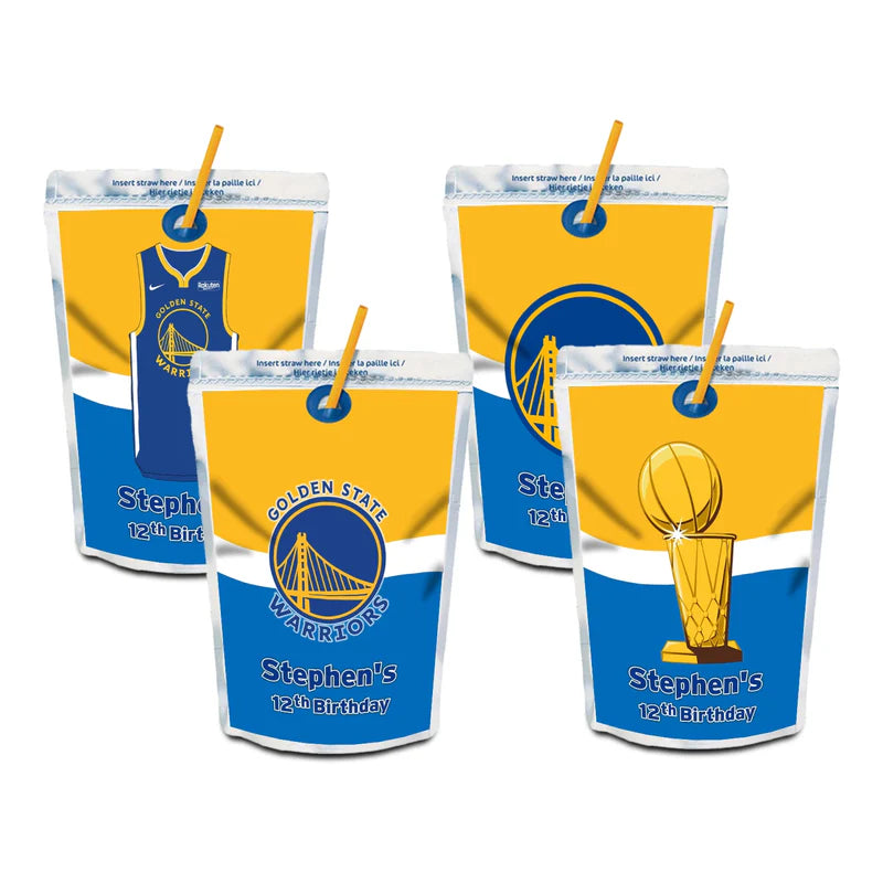 Golden State Warriors juice pouch label printable with bold background and Warriors theme