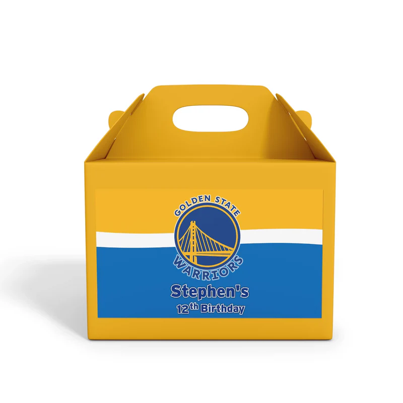 Golden State Warriors treat box label rectangular layout with centered Warriors logo