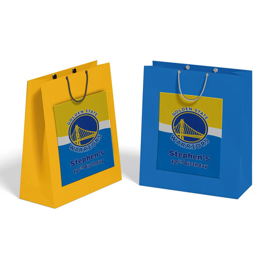 Golden State Warriors goodie bag label in printable layout with yellow and blue graphics