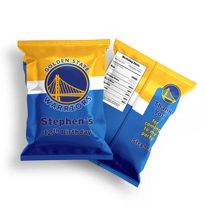 Golden State Warriors chips bag label with centered team name and dynamic blue design