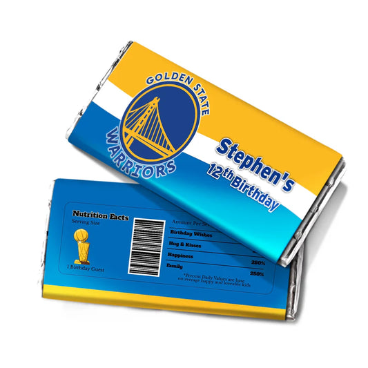 Golden State Warriors chocolate label formatted for candy bar with blue and yellow elements