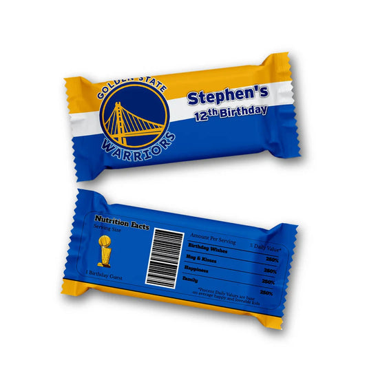 Golden State Warriors Rice Krispies and candy bar label wraparound design with team colors