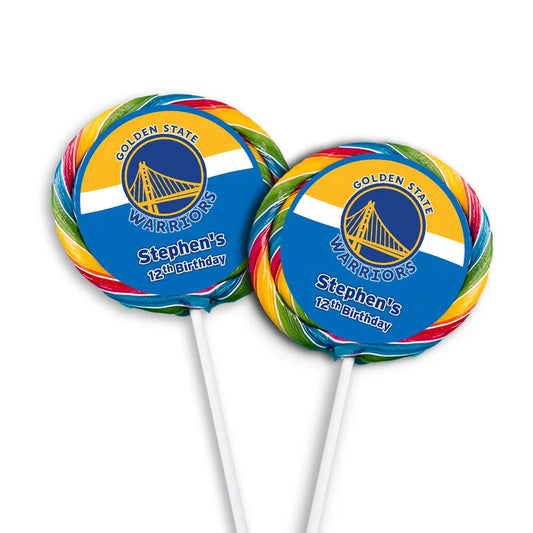 Golden State Warriors lollipop label circle design featuring team logo on bright background
