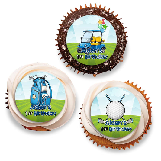 Mini Golf Personalized Cupcakes Toppers: Tailored cupcake toppers adorned with mini golf graphics