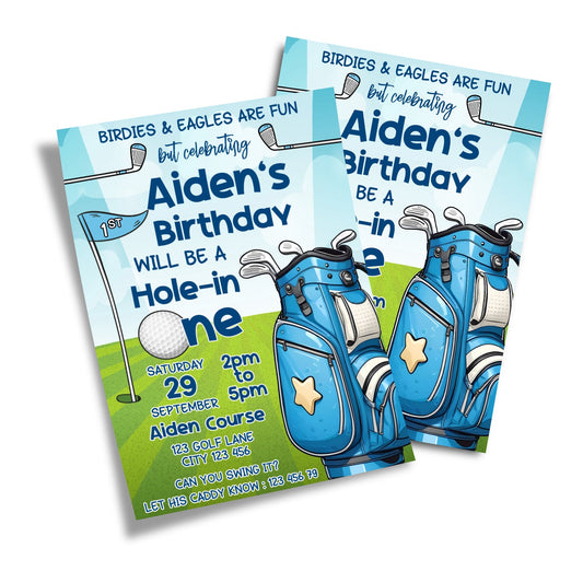 Mini Golf Personalized Birthday Card Invitations: Bespoke birthday card invitations with mini golf illustrations