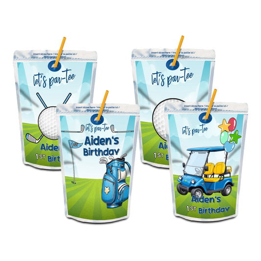 Mini Golf Juice Pouch Label: Tailored juice pouch labels with mini golf course imagery