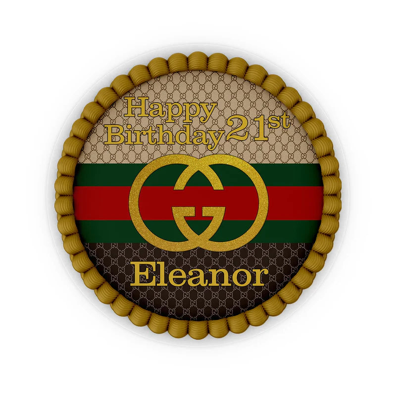 Gucci inspired edible icing cake images with custom name and stripe design on white sheet