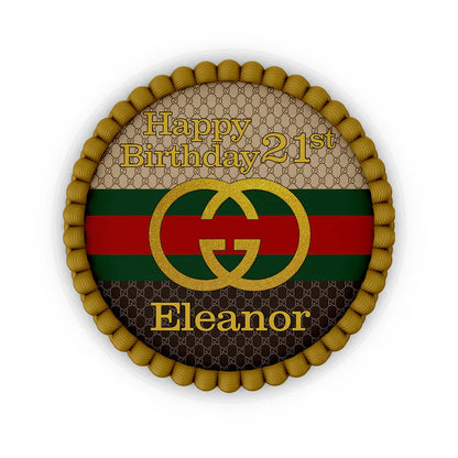 Gucci inspired edible icing cake images with custom name and stripe design on white sheet