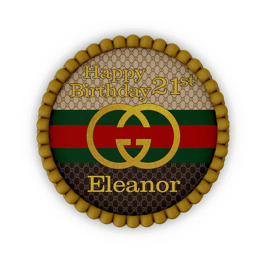 Gucci inspired edible icing cake images with custom name and stripe design on white sheet