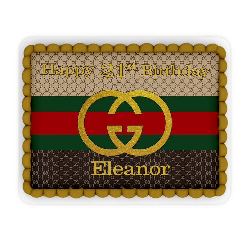 Gucci inspired edible sheet cake images with personalized text and luxury themed colors