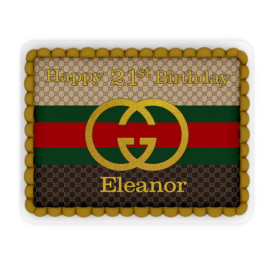 Gucci inspired edible sheet cake images with personalized text and luxury themed colors