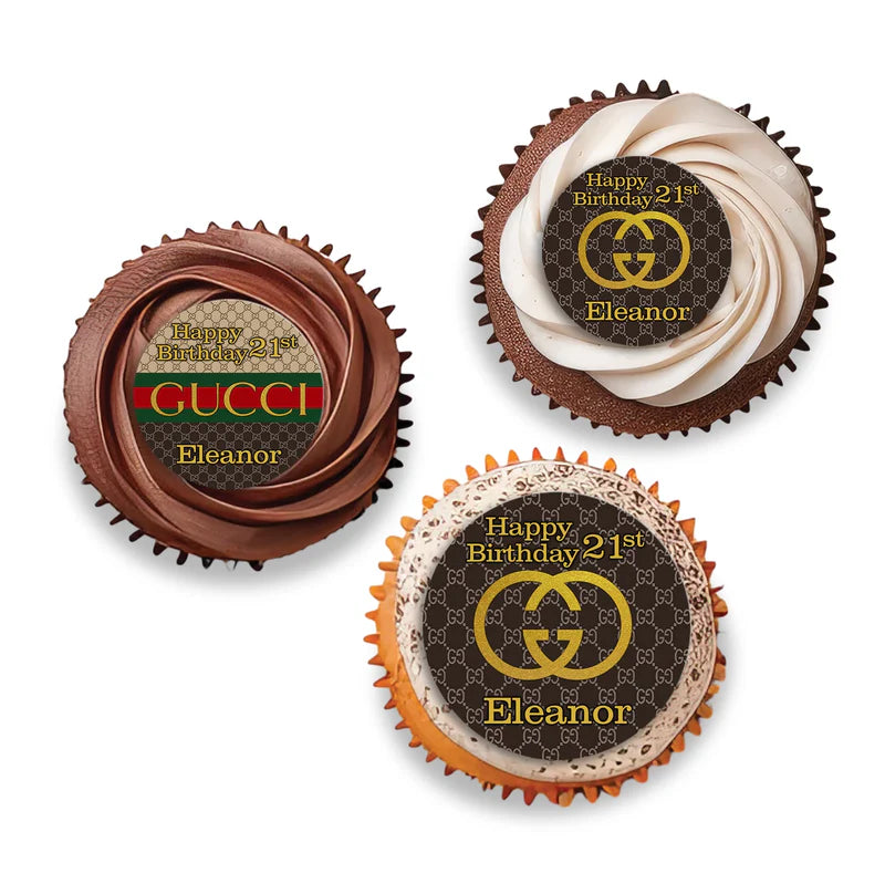Gucci inspired cupcake toppers with red green gold design arranged on cupcakes flat lay