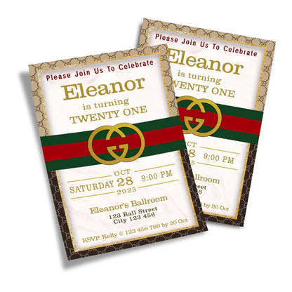 Gucci inspired birthday card invitations with luxury stripe print and editable party details